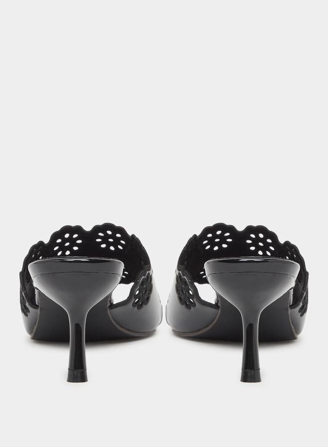 Styli Black Floral Cutout Kitten Heel Sandals - Image 4
